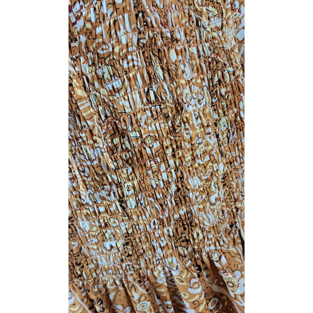 Melloday Blouse Women XL 40" Smocked Floral Peasant Elastic Sleeves Gold Sheer - Picture 5 of 15